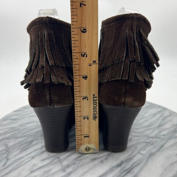Minnetonka Fringe Wedge Booties Womens 5.5 Espresso Brown Suede Ankle Heel Boots - Picture 5 of 11